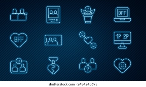 Set line Good relationship, Computer monitor screen, BFF best friends forever, Selfie mobile, Romantic and Family photo icon. Vector