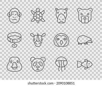 Set line Goose bird, Fish, Hippo or Hippopotamus, Cute panda face, Monkey, Rhinoceros, Jellyfish and Hedgehog icon. Vector