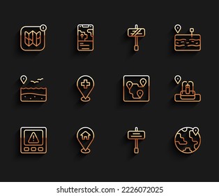 Set line Gps device error, Location with house, Infographic of city map, Road traffic sign, the globe, Medical location cross, fountain and Route icon. Vector