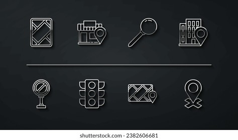 Set line Gps device with map, Stop sign, Location house, City navigation, Traffic light, store,  and Push pin icon. Vector