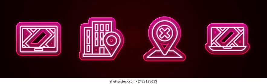 Set line Gps device with map, Location house,  and City navigation. Glowing neon icon. Vector