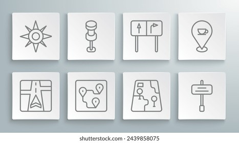 Set line Gps device with map, Push pin, Route location, City navigation, Road traffic sign, Location coffee cup and Wind rose icon. Vector