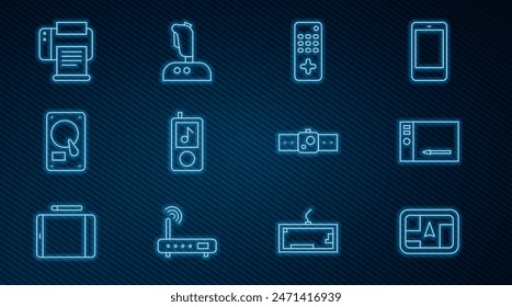 Set line Gps device with map, Graphic tablet, Remote control, Music player, Hard disk drive HDD, Printer, Smartwatch and Joystick for arcade machine icon. Vector