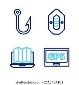 Definir linha Dispositivo Gps com mapa, Localização da floresta no laptop, Rafting barco e ícone do gancho de pesca. Vetor