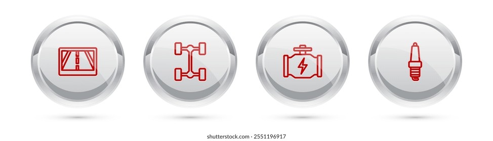 Set line Gps device with map, Chassis car, Check engine and Car spark plug. Silver circle button. Vector