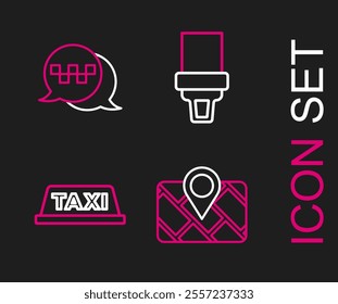 Set line Gps device with map, Taxi car roof, Safety belt and call telephone service icon. Vector