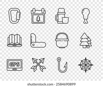 Set line Gps device with map, Wind rose, Thermos container and cup, Crossed arrows, Carabiner, Swiss army knife, Fishing hook and Tree icon. Vector