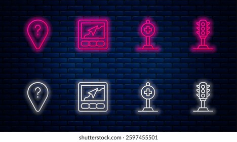 Set line Gps device with map, Location cross hospital, Unknown route point and Traffic light. Glowing neon icon on brick wall. Vector