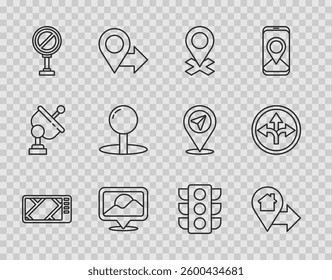 Set line Gps device with map, Location house, Stop sign, Push pin, Traffic light and Road traffic icon. Vector