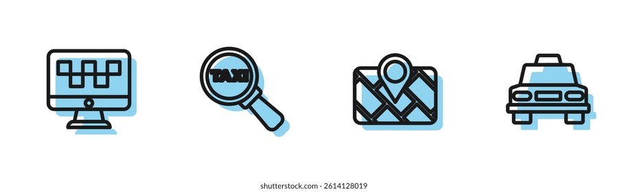 Set line Gps device with map, Computer call taxi service, Magnifying glass and car and Taxi icon. Vector