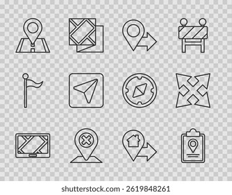 Set line Gps device with map, Folded location marker, Location, Infographic of city navigation, house and Road traffic sign icon. Vector