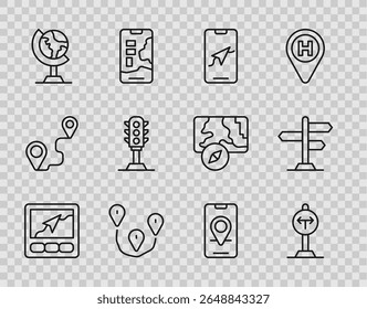 Set line Gps device with map, Fork in the road, City navigation, Route location, Earth globe, Traffic light,  and Road traffic sign icon. Vector