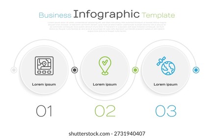 Establezca el dispositivo Gps de línea con el mapa, la marca de verificación de la Locación y los satélites que orbitan el planeta. Plantilla de infografía de negocios. Vector