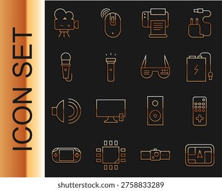 Set line Gps device with map, Remote control, Power bank charge cable, Printer, Flashlight, Microphone, Retro cinema camera and Smart glasses icon. Vector