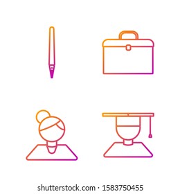 Set line Graduate and graduation cap, Teacher, Pen and Briefcase. Gradient color icons. Vector
