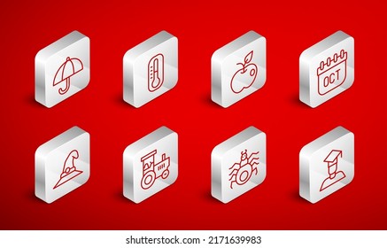 Set line Graduate and graduation cap, Thermometer, Apple, October calendar autumn, Spider, Umbrella, Tractor and Witch hat icon. Vector