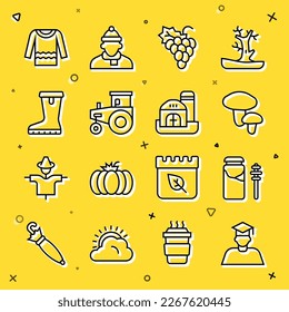 Set line Graduate and graduation cap, Jar of honey dipper stick, Mushroom, Grape fruit, Tractor, Waterproof rubber boot, Sweater and Farm house icon. Vector