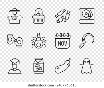 Set line Graduate and graduation cap, Ghost, Candy, Jam jar, Scarecrow, Spider, Eggplant and Sickle icon. Vector