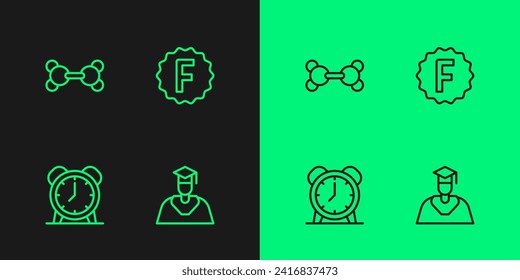 Set line Graduate and graduation cap, Alarm clock, Molecule and Exam paper with incorrect answers icon. Vector