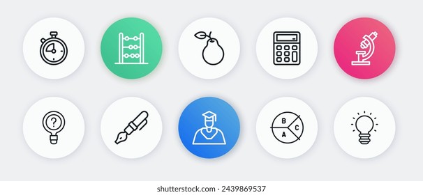 Set line Graduate and graduation cap, Microscope, Unknown search, Pie chart infographic, Calculator, Pear, Creative lamp light idea and Fountain pen nib icon. Vector