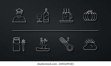 Set line Graduate and graduation cap, Jar of honey dipper stick, Pumpkin, Meteorology thermometer, Bare tree, Wine bottle with glass, Sun cloud weather and Cup tea tea bag icon. Vector