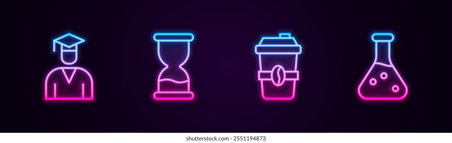 Fije la línea Graduate y el casquillo de la graduación, reloj de arena viejo, taza de café para ir y tubo de la prueba. Icono de neón brillante. Vector