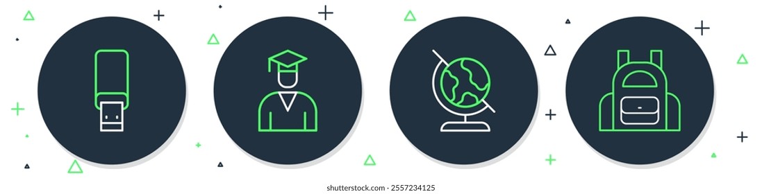 Set line Graduate and graduation cap, Earth globe, USB flash drive and School backpack icon. Vector