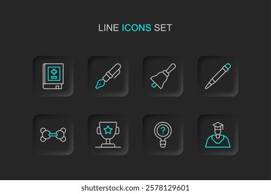 Set line Graduate and graduation cap, Unknown search, Award cup, Molecule, Pencil with eraser, Ringing bell, Fountain pen nib and Book mathematics icon. Vector