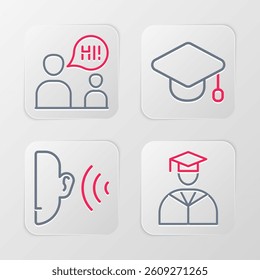 Set line Graduate and graduation cap, Ear listen sound signal, Graduation and Two sitting men talking icon. Vector