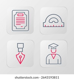 Set line Graduate and graduation cap, Fountain pen nib, Protractor grid and Certificate template icon. Vector