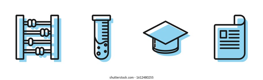 Set line Graduation cap, Abacus, Test tube and flask chemical laboratory and Document icon. Vector