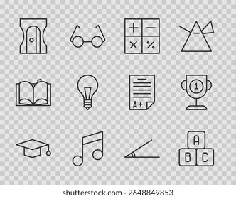 Set line Graduation cap, ABC blocks, Calculator, Music note, tone, Pencil sharpener, Light bulb with concept of idea, Acute angle and Award cup icon. Vector