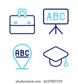 Set line Graduation cap, Alphabet, Chalkboard and Briefcase icon. Vector