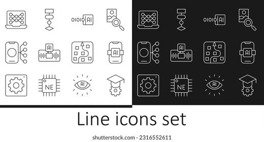 Set line Graduation cap, Artificial intelligence AI, Binary code, Neural network,  and Algorithm icon. Vector