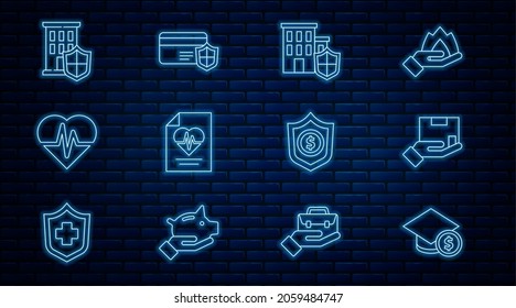 Set line Graduation cap and coin, Delivery insurance, House with shield, Health, Shield dollar and Credit card icon. Vector