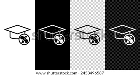 Set line Graduation cap and coin icon isolated on black and white, transparent background. Education and money. Concept of scholarship cost or loan, tuition or study fee.  Vector