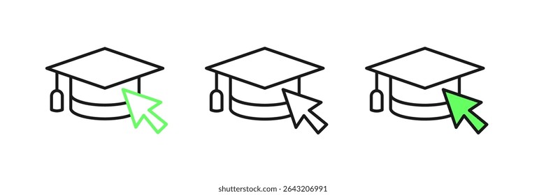 Set line Graduation cap with cursor icon isolated on white background. World education symbol. Online learning or e-learning concept.  Vector