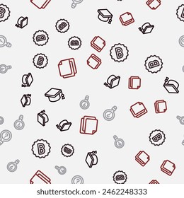 Set line Graduation cap, Exam paper with incorrect answers, Unknown search and File document on seamless pattern. Vector