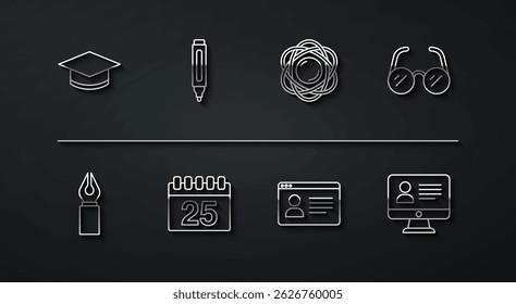 Set line Graduation cap, Fountain pen nib, Glasses, Online class, Calendar, Marker,  and Atom icon. Vector