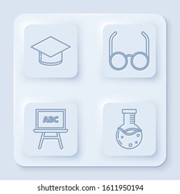 Set line Graduation cap, Glasses, Chalkboard and Test tube and flask chemical laboratory. White square button. Vector