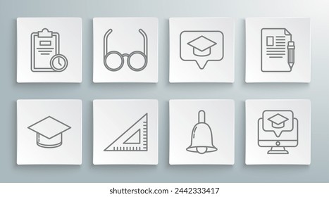 Set line Graduation cap, Glasses, Triangular ruler, Ringing bell, Monitor with graduation, speech bubble, Exam sheet and pencil eraser and clock icon. Vector