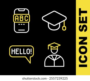 Set line Graduation cap, Graduate and graduation, Hello in different languages and Foreign online study icon. Vector