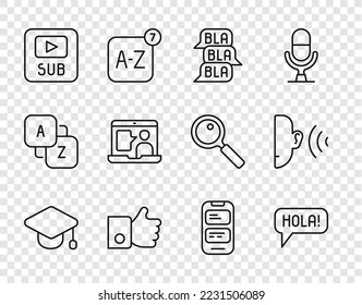 Set line Graduation cap, Hola in different languages, Speech bubble chat, Hand like, Video with subtitles, Foreign online study, Online translator and Ear listen sound signal icon. Vector