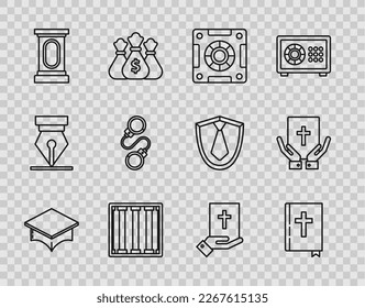 Set line Graduation cap, Holy bible book, Safe, Prison window, Stage stand or debate podium rostrum, Handcuffs, Oath the Bible and  icon. Vector