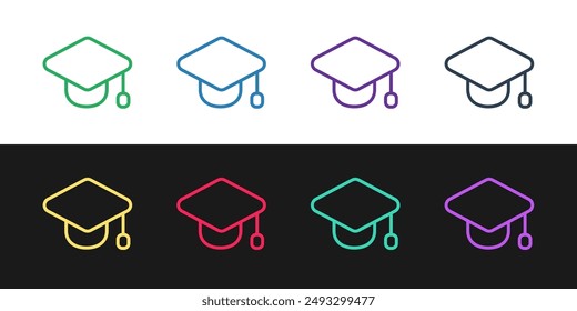 Set line Graduation cap icon isolated on black and white background. Graduation hat with tassel icon.  Vector