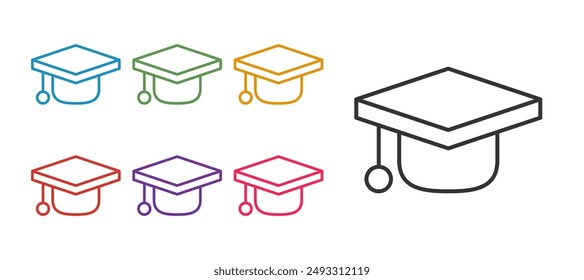 Set line Graduation cap icon isolated on white background. Graduation hat with tassel icon. Set icons colorful. Vector