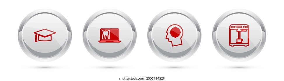 Set line Graduation cap, Laptop with dental card, Head hunting concept and Coffee machine and cup. Silver circle button. Vector