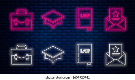 Set line Graduation cap, Law book, Briefcase and The arrest warrant. Glowing neon icon on brick wall. Vector