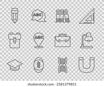 Set line Graduation cap, Magnet, Office folders, American Football ball, Pencil with eraser, Alphabet, DNA symbol and Table lamp icon. Vector