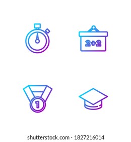 Set line Graduation cap, Medal, Stopwatch and Chalkboard. Gradient color icons. Vector